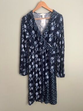 NEW H&M MAMA Maternity Wrap Dress Blue Floral Long Sleeve Medium NWT